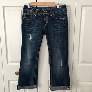Miss Me Mid-Rise Easy Crop Jeans Distressed Denim Embellished Rhinestone